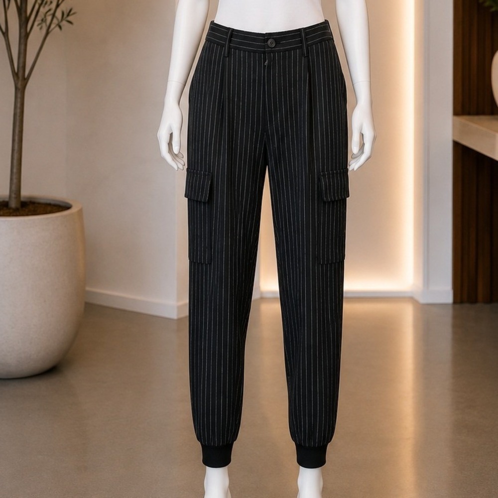 INC Women Cargo Jogger Pants Pinstripe Black Utility Tapered Medium